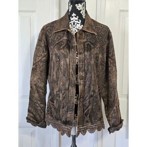 Flashback Women's PXL‎ Brown Embroidered Lace Trim Denim Jacket